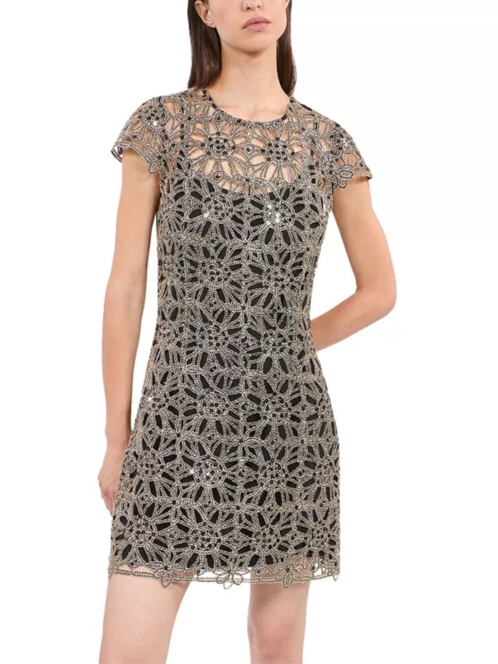 The Kooples Sz 1  Metallic Short Sleeve Guipure Lace Mini Dress NWT Antic Gold